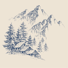 Mountain cabin hand drawing, pine trees forest and mountain peaks in the background