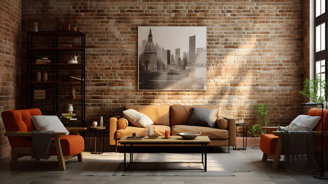 living room decor, home interior design . Industrial Rustic style with Brick Wall decorated with Metal and Wood material