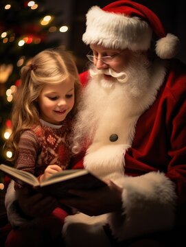 Santa Claus reading a christmas story, little girl listening carefully, cosy xmas scene, ai generated