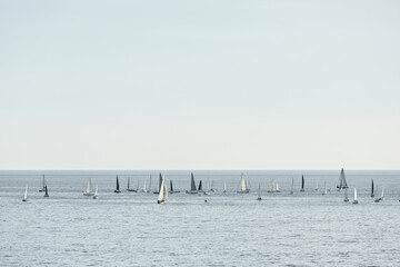 A lot of sail boats and yachts in the sea went on a sailing trip near port Hercules in Monaco,...
