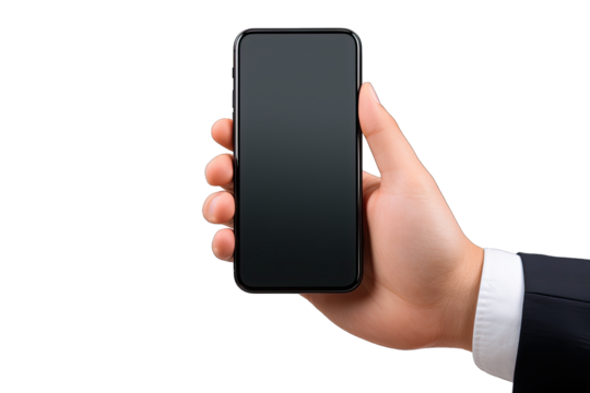 Hand businessman touch mobile smartphone on transparent background