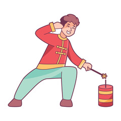 Vector Chinese New Year Boy Firecracker Illustration Isolated