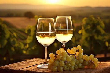 wine glasses basking in sunset glow, amidst a tranquil vineyard, perfect for winery promotions and romantic settings, ai generated.