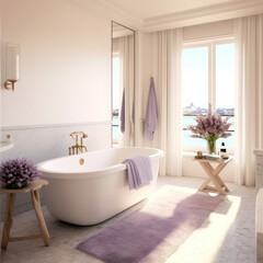 Fototapeta na wymiar A luxurious bathroom with marble floors a deep 