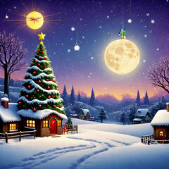 Fototapeta premium [Generative AI] Christmas tree in a snowy village and pattern