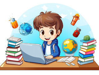 A child learning online against a white background. Using the laptop is looking happy.