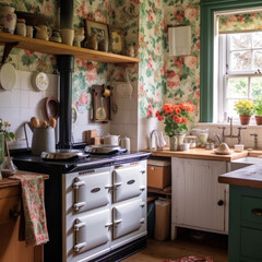 A charming English countryside kitchen with floral
