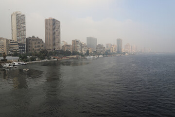 Fototapeta na wymiar The Nile, river, fog, buildings