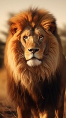 Fototapeta premium Majestic male Lion against savanna ambience background with space for text, background image, AI generated
