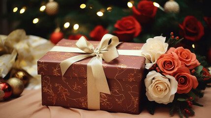 Pastel red gift box, roses, warm festive ambiance
