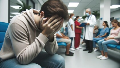 Upset young man in a hospital waiting room, face buried in hands, with blurred patients and medical staff behind