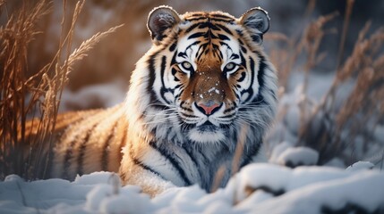 Fototapeta na wymiar Majestic tiger against winter ambience background with space for text, background image, AI generated
