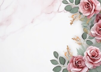 Romantic Rose Flower Border on White Marble