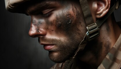 Close up portrait of a Male soldier showcasing the intensity of battle with dirt and sweat - obrazy, fototapety, plakaty