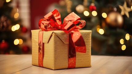 Golden gift box, red bow, Christmas light backdrop