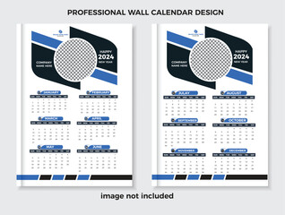 Modern Creative Wall Calendar 2024 Template Design. Print Ready Tow Page wall calendar template design for 2024
