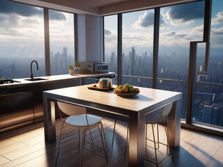 Modern kitchen interior. Modern dining room. AI generative