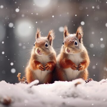 A pair of red squirrels against winter snowfall ambience background with space for text, background image, AI generated