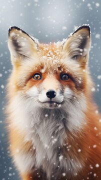 Portrait of a red foxes against white winter snowfall ambience background with space for text, background image, AI generated