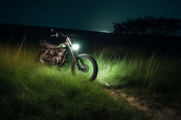 Bike parked with light on grassy hill at night. Generative AI