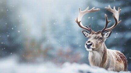 Portrait of a Reindeer against winter snowfall ambience background with space for text, background image, AI generated