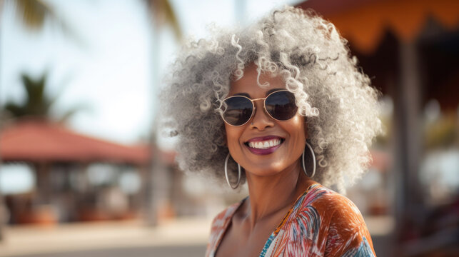 Happy senior african american woman smiling on camera while wearing trendy hat during summer time city street