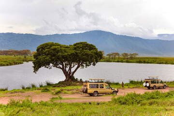 African mountain landscape. Lake, big tree, safari jeeps
