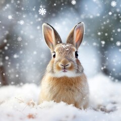 Portrait of a Snowshoe hare against white winter snowfall ambience background with space for text, background image, AI generated