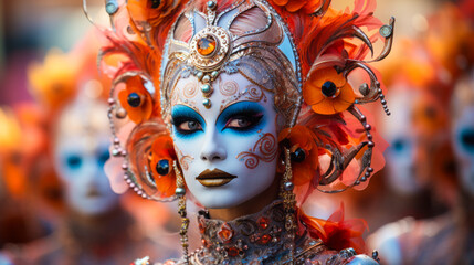 Carnival participants in extravagant costumes in Santa Cruz de Tenerife, Spain. - obrazy, fototapety, plakaty