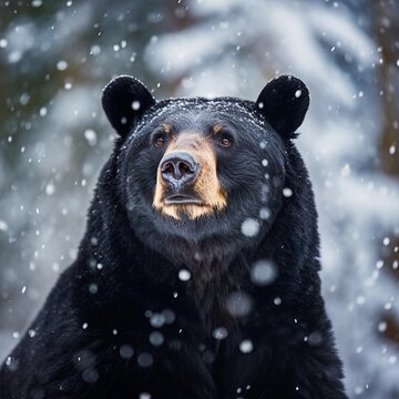 An American black bear against white winter snowfall ambience background with space for text, background image, AI generated
