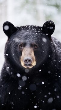 An American black bear against white winter snowfall ambience background with space for text, background image, AI generated