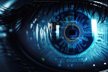 Closeup human eye banner with ample copy space. Highlighting Lasik vision correction and cyber elements for biometric data security. A compelling image for your tech and security projects. - obrazy, fototapety, plakaty