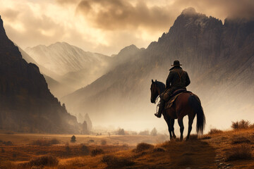 Cowboy Riding Horse in Misty Mountain Valley