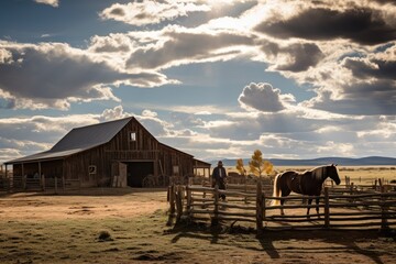 Rustic Ranch Landscape with Horse and Cowboy - obrazy, fototapety, plakaty