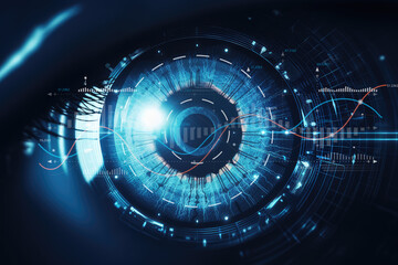 Closeup human eye banner with ample copy space. Highlighting Lasik vision correction and cyber elements for biometric data security. A compelling image for your tech and security projects. - obrazy, fototapety, plakaty