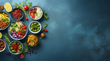 vegetables  fruits  fruits and vegetables in bowls on a blue background