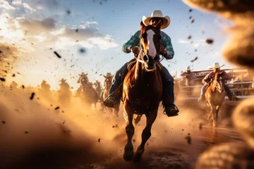 Zelfklevend Fotobehang Cowboy and Horse Race in a Dusty Rodeo Arena © gankevstock