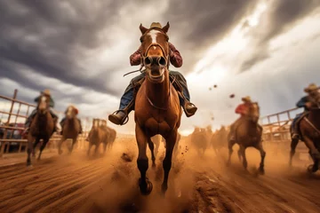 Deurstickers Cowboy and Horse Race in a Dusty Rodeo Arena © gankevstock