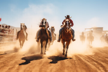 group of rugged cowboys riding a horses during rodeo