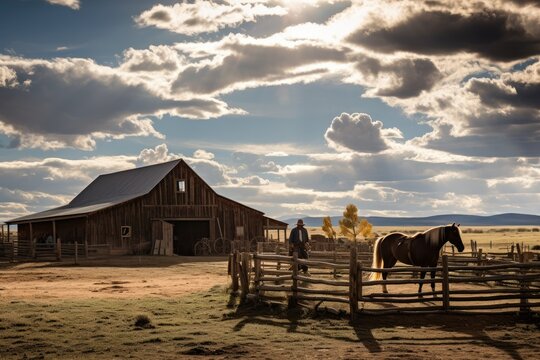 Rustic Ranch Landscape with Horse and Cowboy - Powered by Adobe