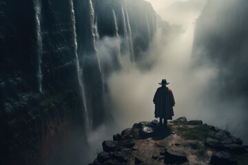 epic scene of cowboy on a cliff against the background of a waterfall