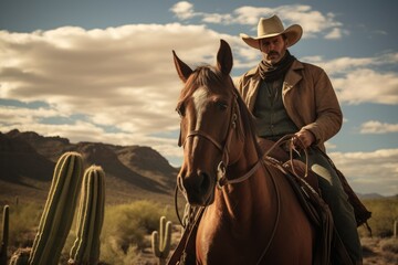 Western Wanderer, Cowboy’s Journey through the Desert - obrazy, fototapety, plakaty