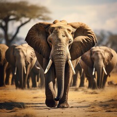 Fototapeta na wymiar Big male elephant against a herd of elephants ambience background with space for text, background image, AI generated