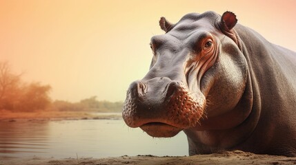 Portrait of a big male Hippo against savanna river ambience background with space for text, background image, AI generated