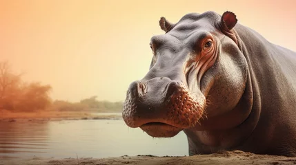 Foto op Aluminium Portrait of a big male Hippo against savanna river ambience background with space for text, background image, AI generated © Hifzhan Graphics