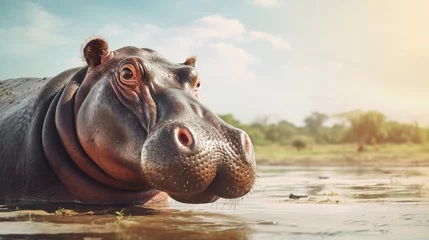 Foto op Aluminium Portrait of a big male Hippo against savanna river ambience background with space for text, background image, AI generated © Hifzhan Graphics