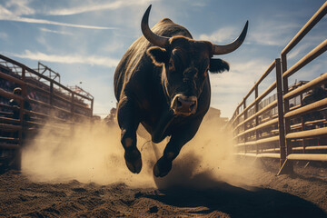 angry bull runs into the rodeo arena - obrazy, fototapety, plakaty
