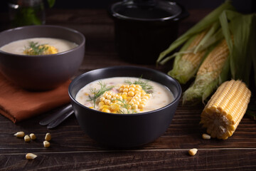 Delicious creamy corn soup in a bowl
