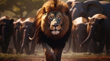 Big male Lion against a herd of lions ambience background, background image, AI generated - obrazy, fototapety, plakaty