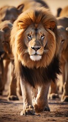 Fototapeta premium Big male Lion against a herd of lions ambience background, background image, AI generated